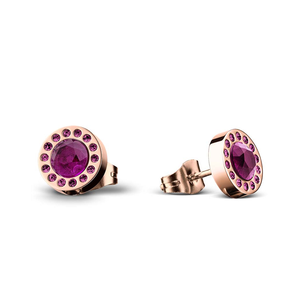 Bering Set. Rose Gold Steel, Purple Crystal Necklace & Ear Studs. 429-711-Purple