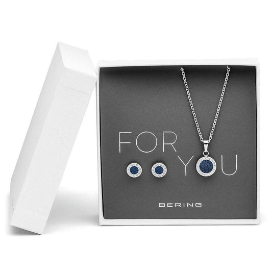 Bering Set. Silver Steel with Blue Crystal Necklace and Ear Studs. 427-707-Blue