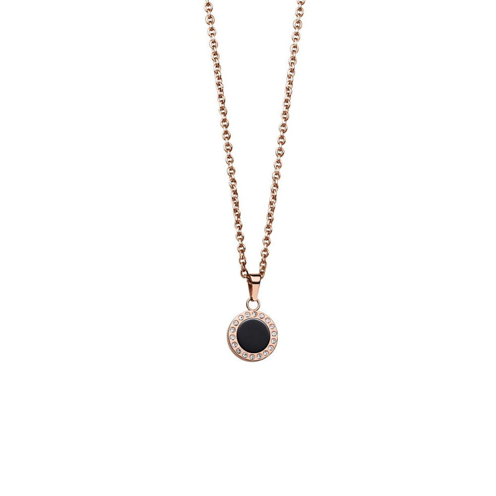 Bering Set. Rose Gold Steel, Black Ceramic Necklace and Ear Studs. 427-707-Black