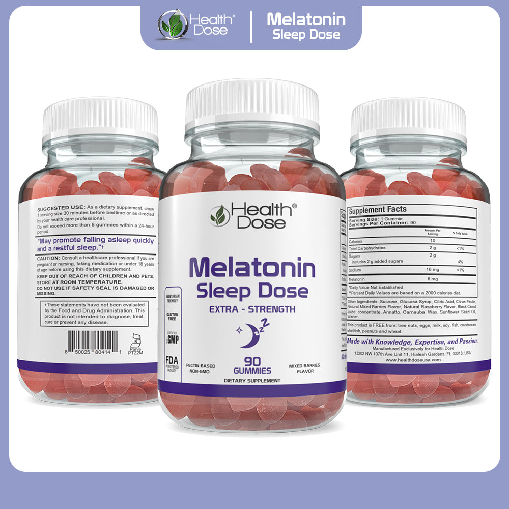 Health Dose Melatonin 6 mg Extra Strength Gummy, for Restful Sleep Supplements for Adult Mixed Berries Flavor 90 Gummies.
