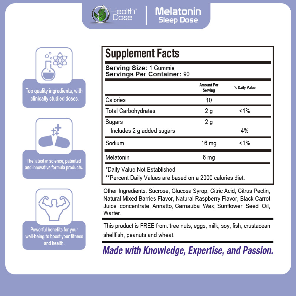 Health Dose Melatonin 6 mg Extra Strength Gummy, for Restful Sleep Supplements for Adult Mixed Berries Flavor 90 Gummies.