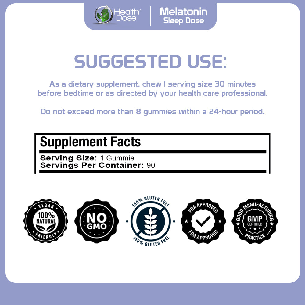 Health Dose Melatonin 6 mg Extra Strength Gummy, for Restful Sleep Supplements for Adult Mixed Berries Flavor 90 Gummies.