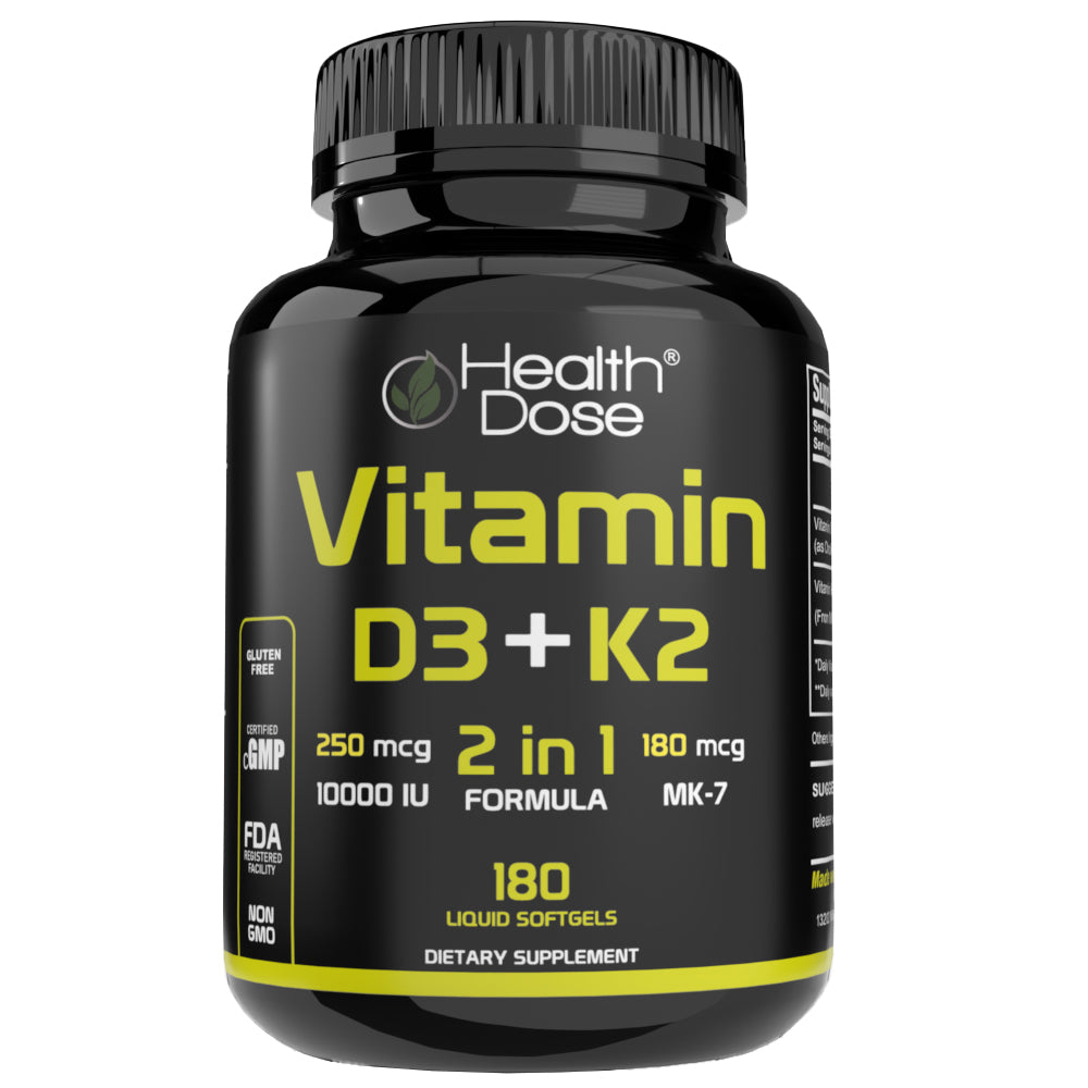 Health Dose Vitamin D3 + K2. 2 in 1 Formula. 180 Liquid Softgels