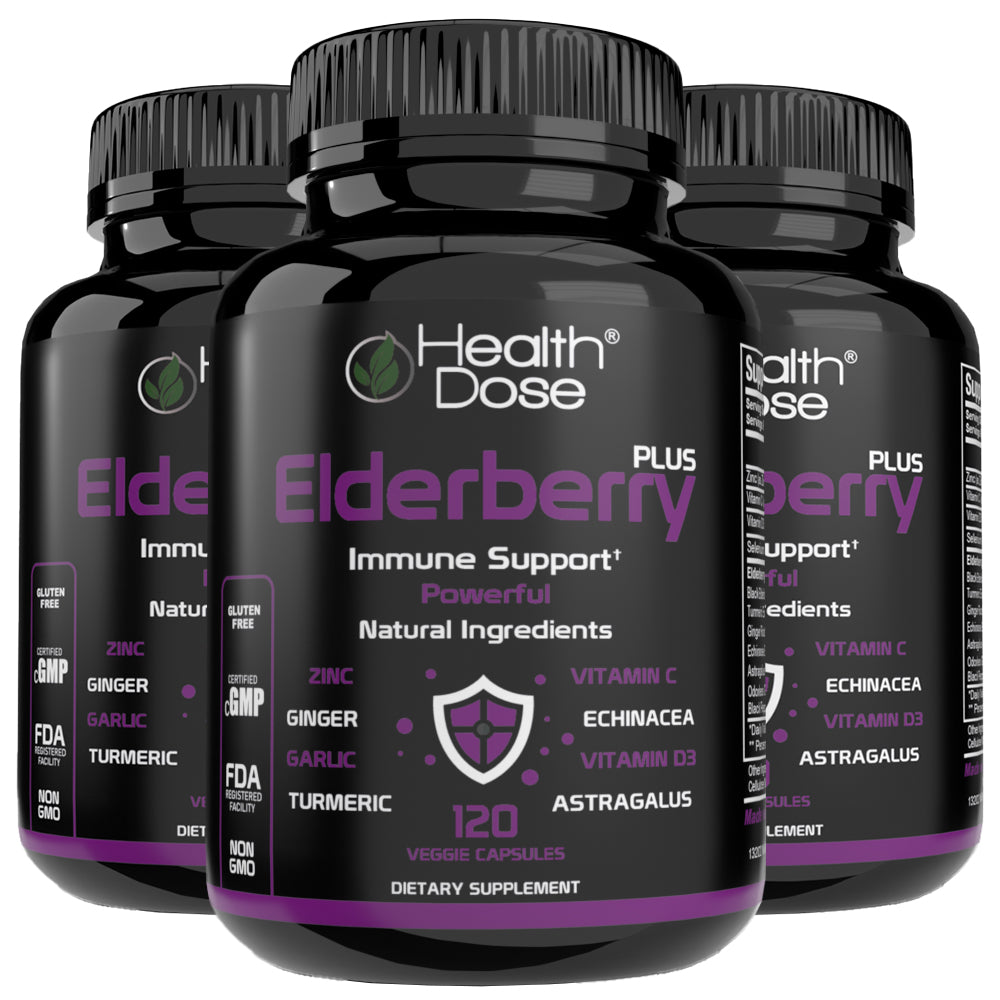 Health Dose Elderberry Plus With Vitamin C, Turmeric, Zinc & More 120 Capsules - Pack of 3