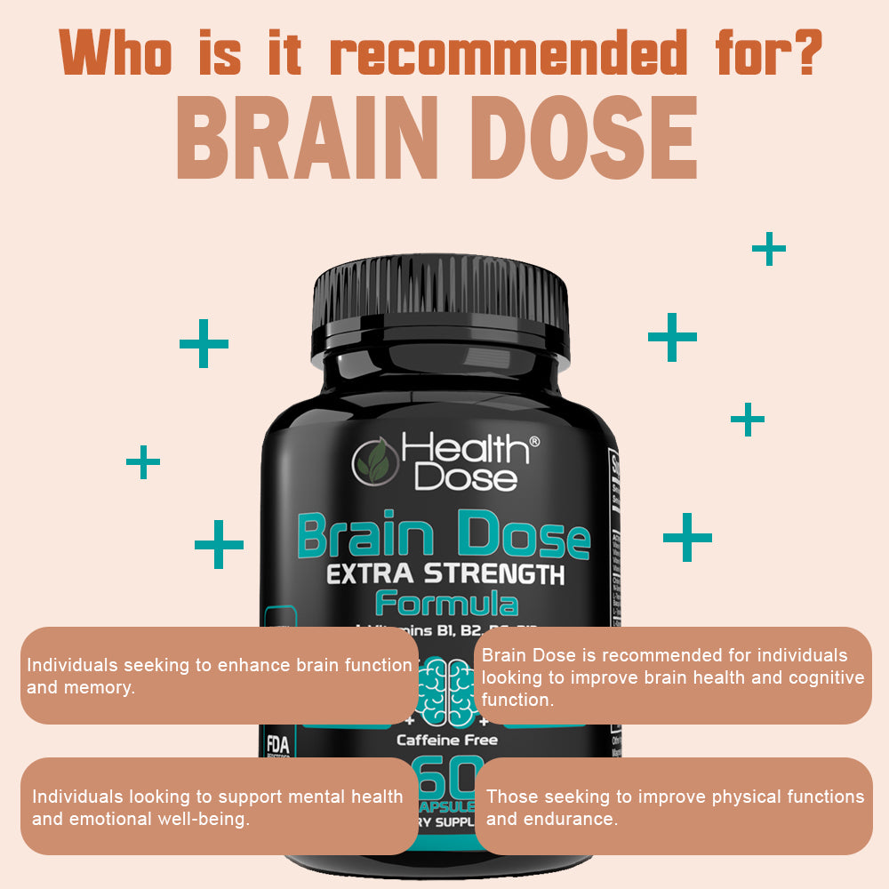 Health Dose Brain Dose Premium Nootropics - Mental Focus, Natural Energy & Vitamins - Caffeine-Free, 60-Count - For Men & Women.
