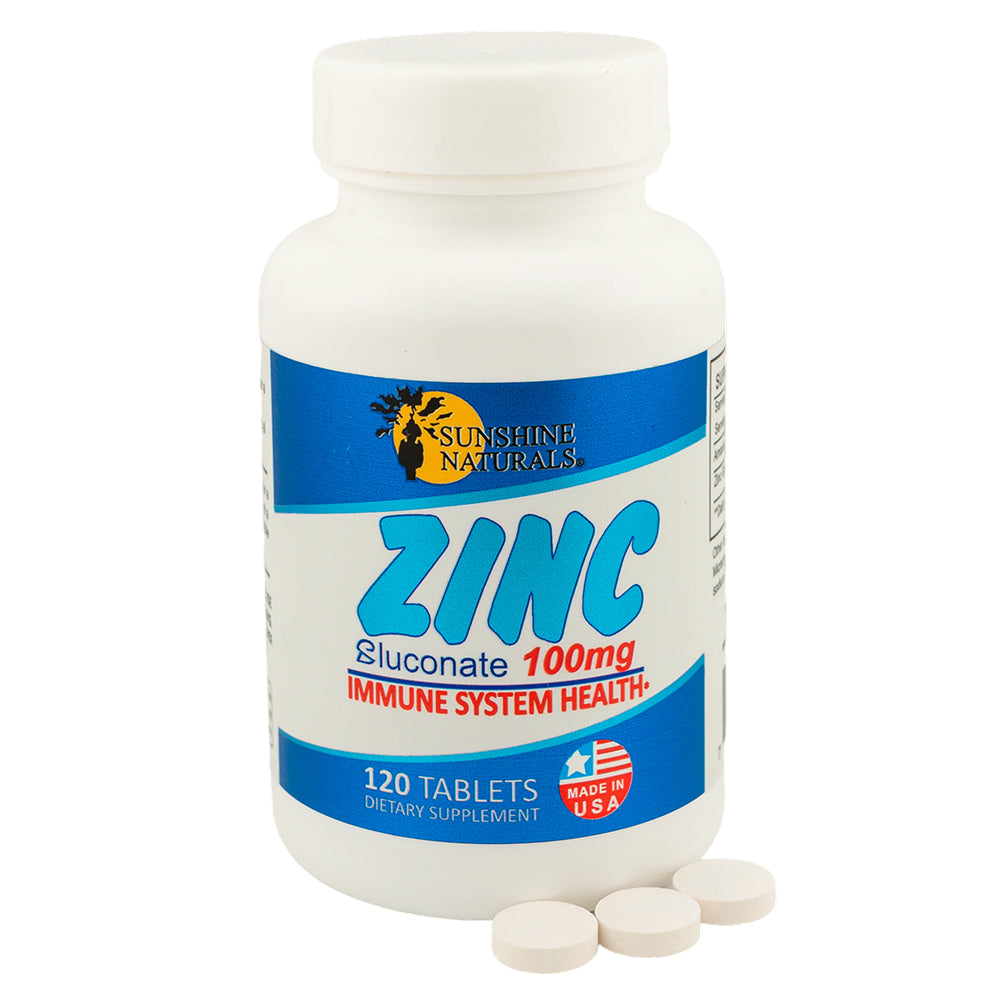 Sunshine Naturals Zinc Gluconate. Strong Immune System Booster. 100 mg. 120 Tabs