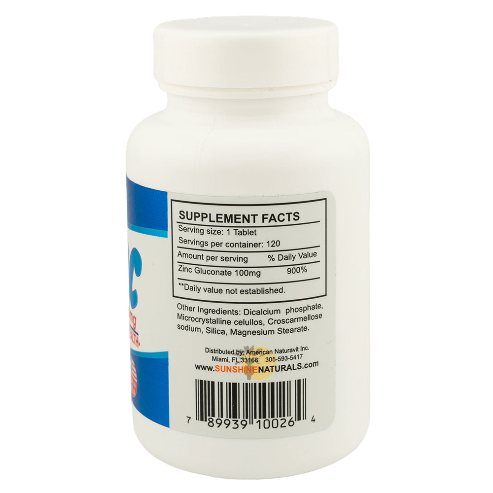 Sunshine Naturals Zinc Gluconate. Strong Immune System Booster. 100 mg. 120 Tabs