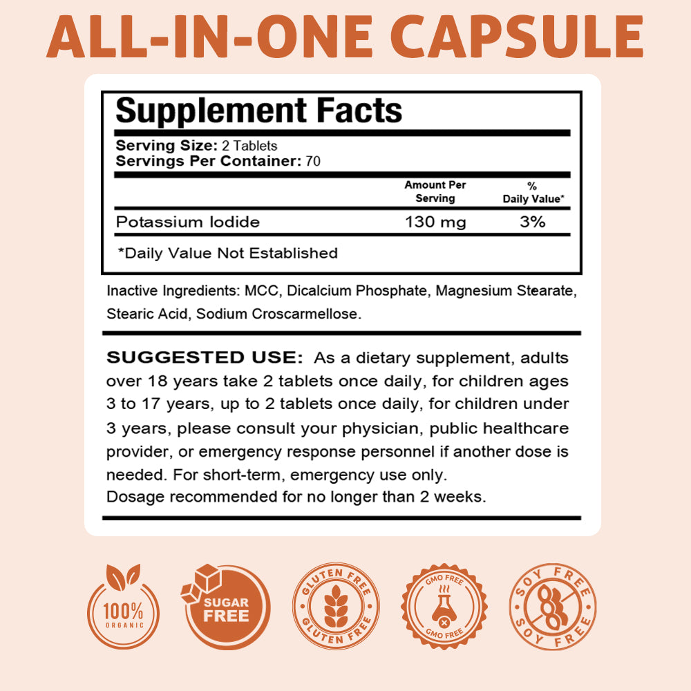 HealthDose Potassium Iodide KI Supplement. Thyroid Support. 130mg. 140 Tablets