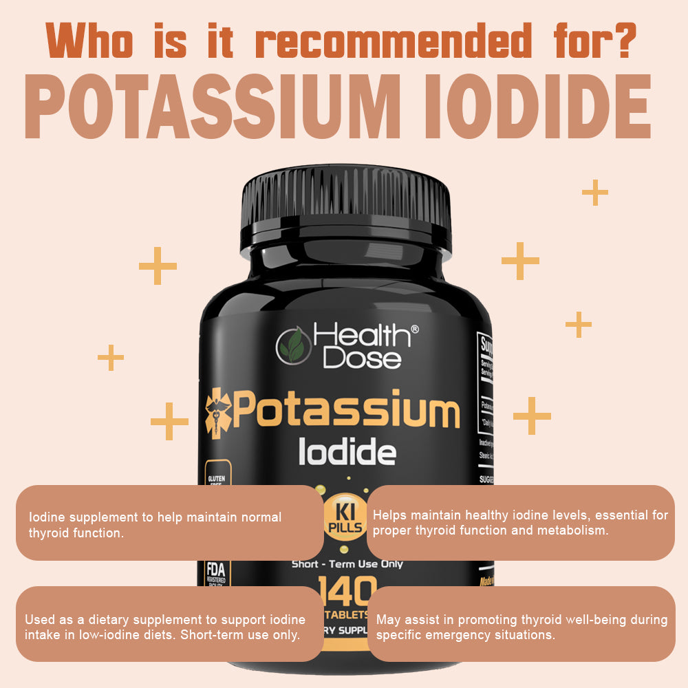 HealthDose Potassium Iodide KI Supplement. Thyroid Support. 130mg. 140 Tablets