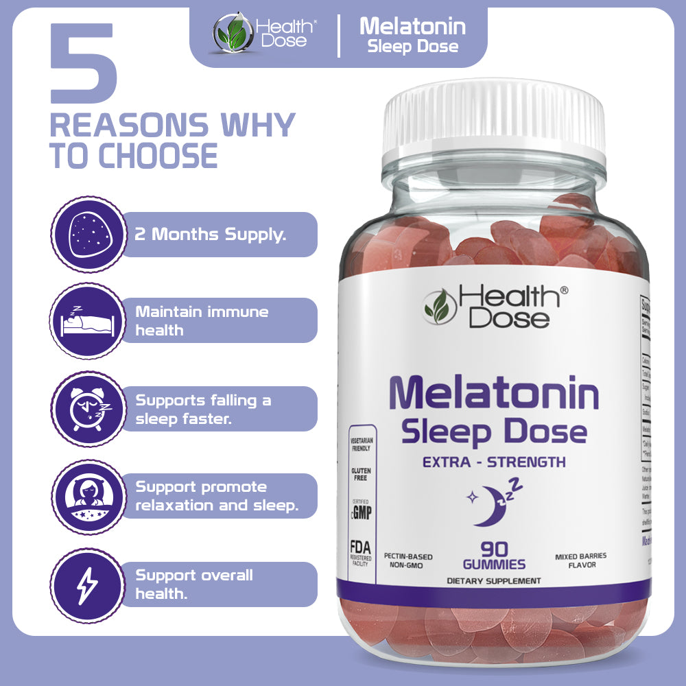 Health Dose Melatonin 6 mg Extra Strength Gummy, for Restful Sleep Supplements for Adult Mixed Berries Flavor 90 Gummies.