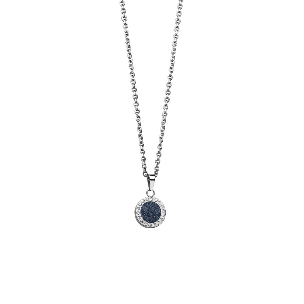 Bering Set. Silver Steel with Blue Crystal Necklace and Ear Studs. 427-707-Blue