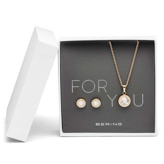 Bering Set. Gold Steel with White Crystal Necklace and Ear Studs. 427-707-Gold