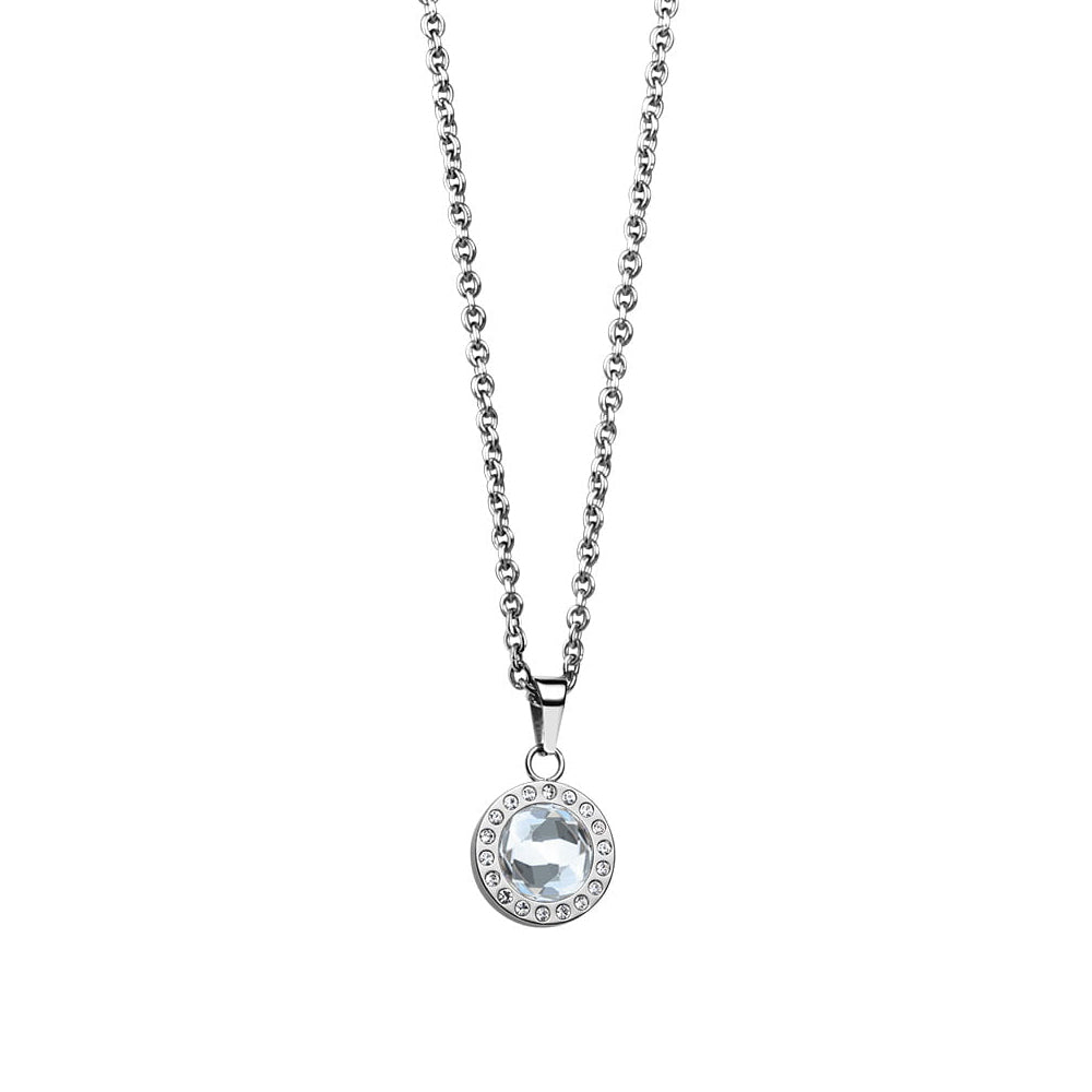 Bering Set. Silver Steel, White Crystal Necklace and Ear Studs. 429-711-Silver