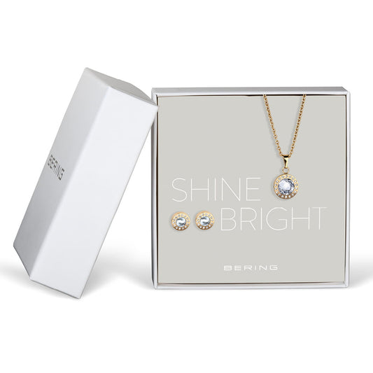 Bering Set. Gold Steel with White Crystal Necklace and Ear Studs. 429-711-Gold