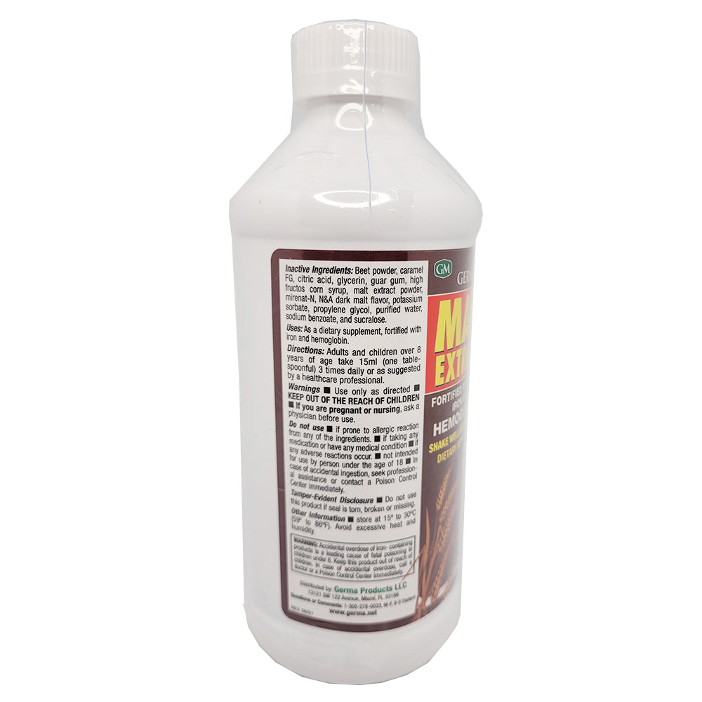 Germa Malt Extract Liquid. Fortified with Iron, Vitamin B12 & Hemoglobin. 16 oz