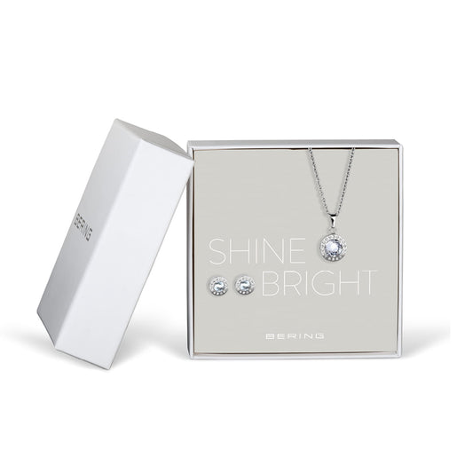 Bering Set. Silver Steel, White Crystal Necklace and Ear Studs. 429-711-Silver