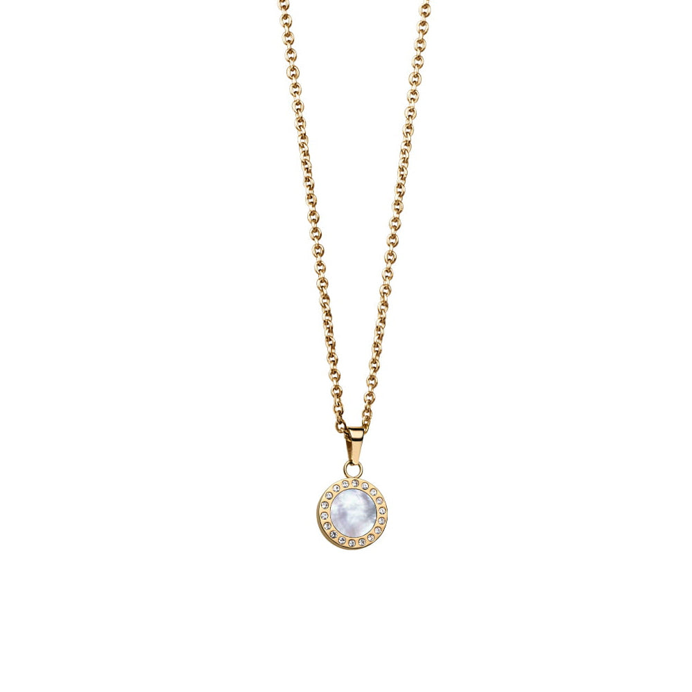 Bering Set. Gold Steel with White Crystal Necklace and Ear Studs. 427-707-Gold