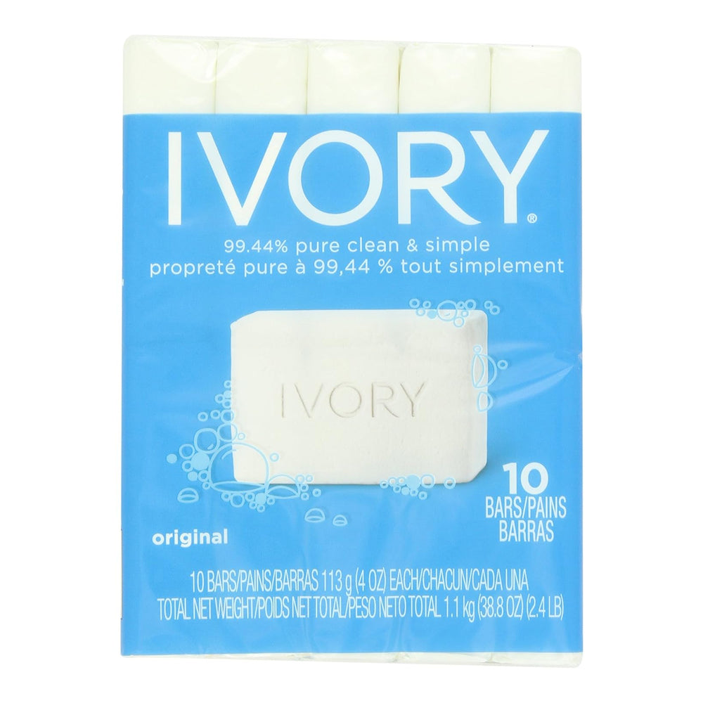 Ivory Bar Soap. 99.44% Pure. Mild Body Cleanser. Original Scent. 4 oz. 10 Soaps