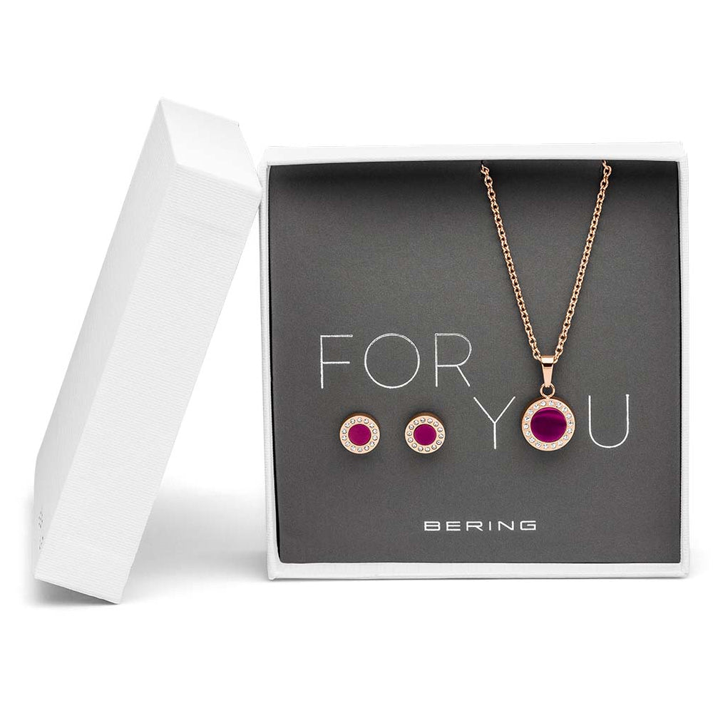 Bering Set. Rose Gold Steel, Purple Crystal Necklace & Ear Studs. 427-707-Purple