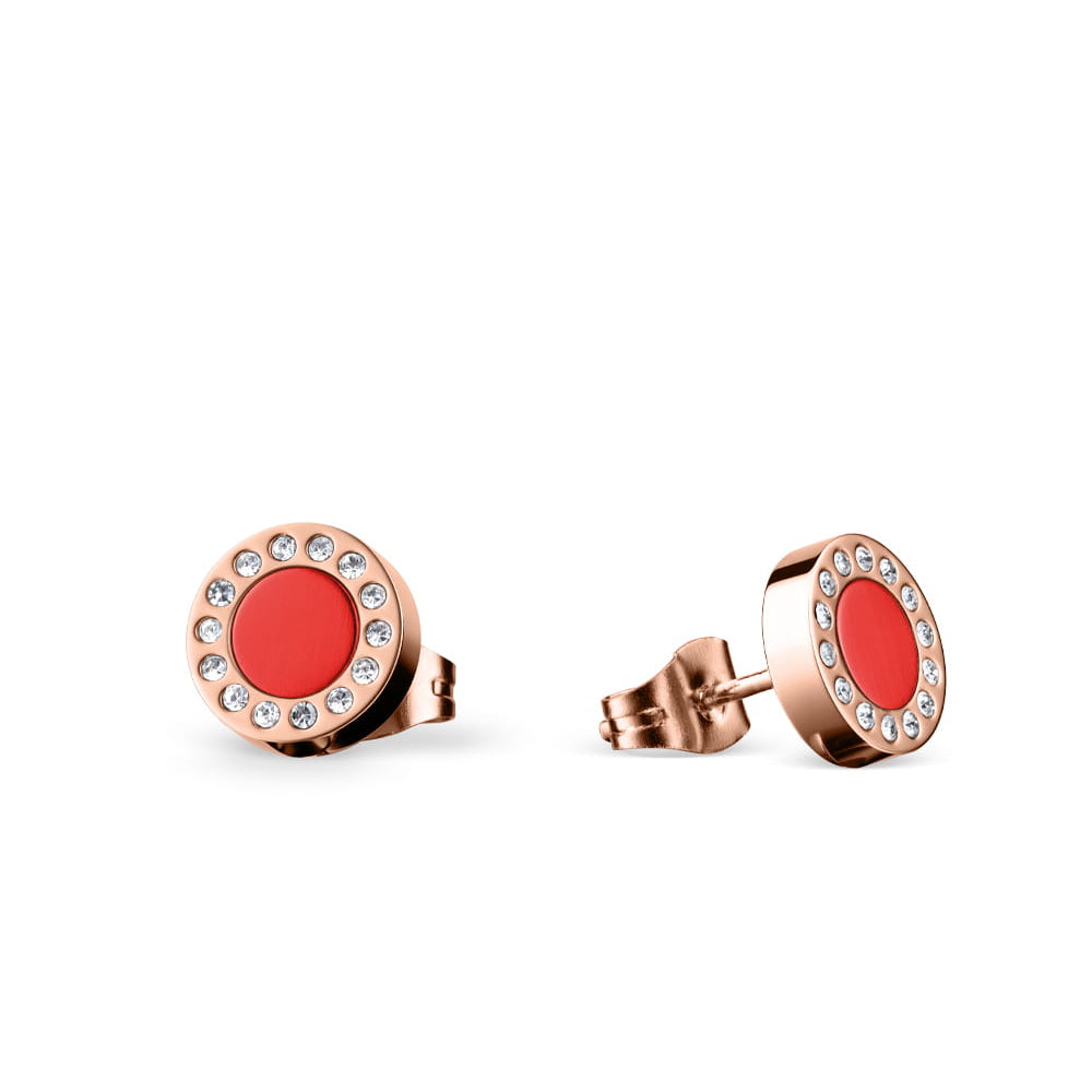 Bering Set. Rose Gold Steel with Red Crystal Necklace and Ear Studs. 427-707-Red