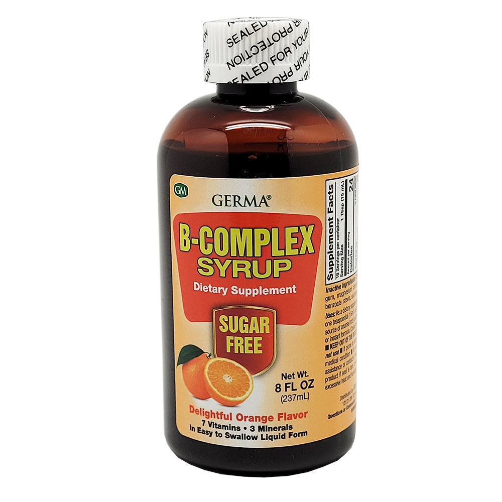Germa B-Complex Syrup, Sirop de Complejo B, Sabor a Naranja 8 oz. Pack of 12 Pack of 6