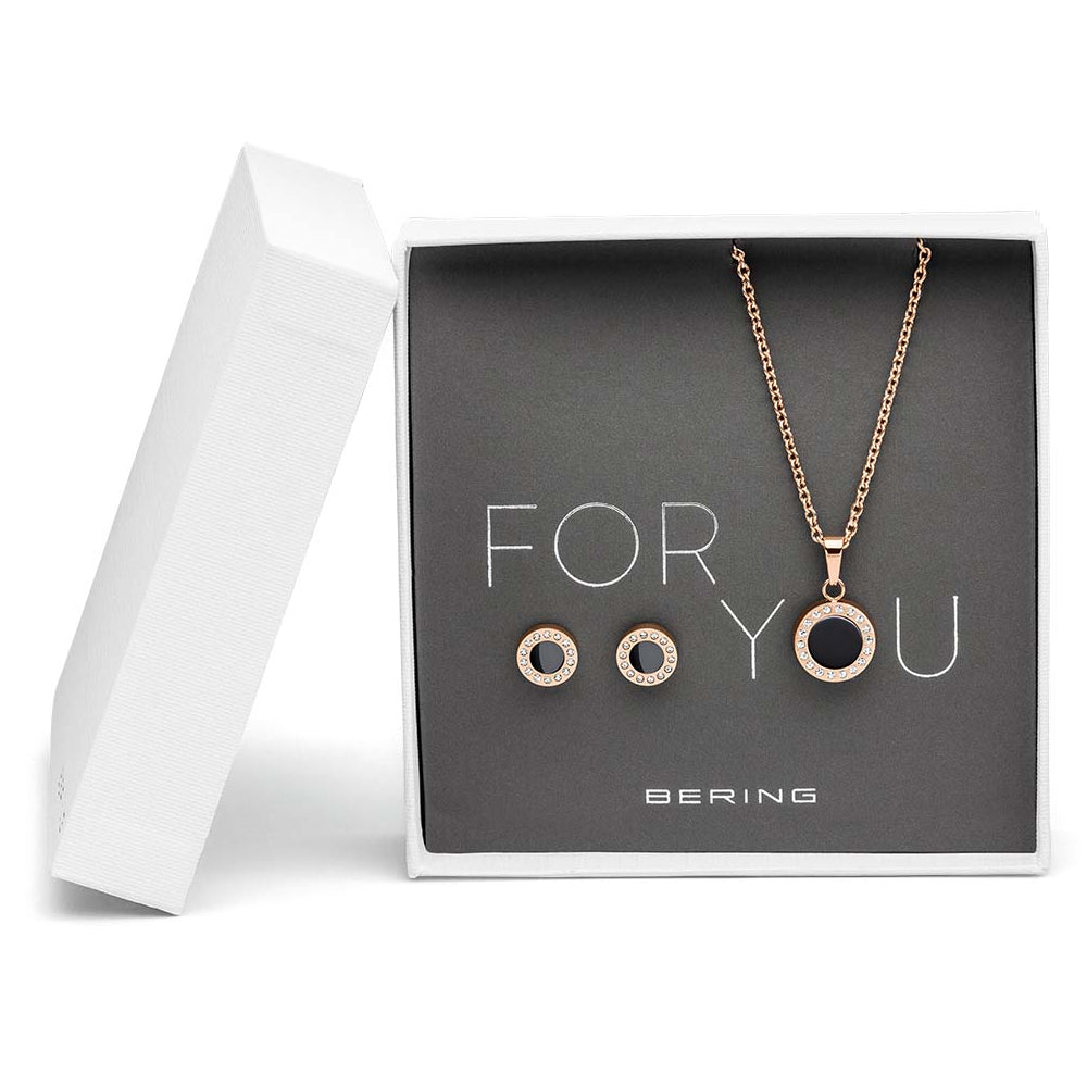 Bering Set. Rose Gold Steel, Black Ceramic Necklace and Ear Studs. 427-707-Black