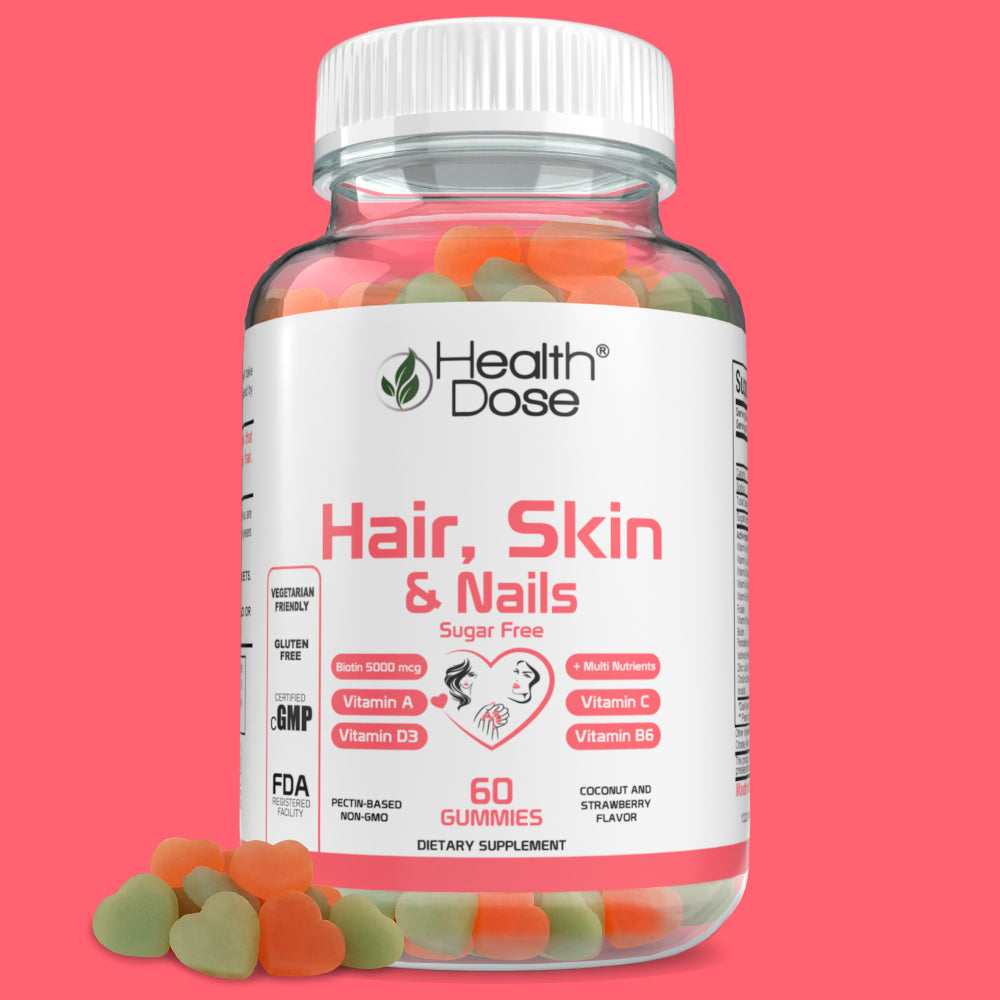 HealthDose Hair Skin Nails Biotin 5000 mcg, Vitamin A,D3,C, B6, Sugar Free 60 Ct