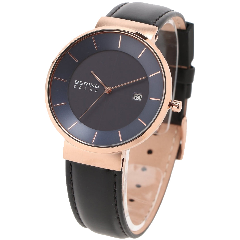 Bering Time Rose Gold Steel Case and Leather Strap Men's Solar Watch. 14639-467