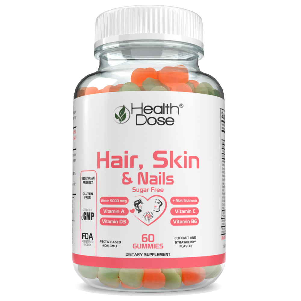 HealthDose Hair Skin Nails Biotin 5000 mcg, Vitamin A,D3,C, B6, Sugar Free 60 Ct