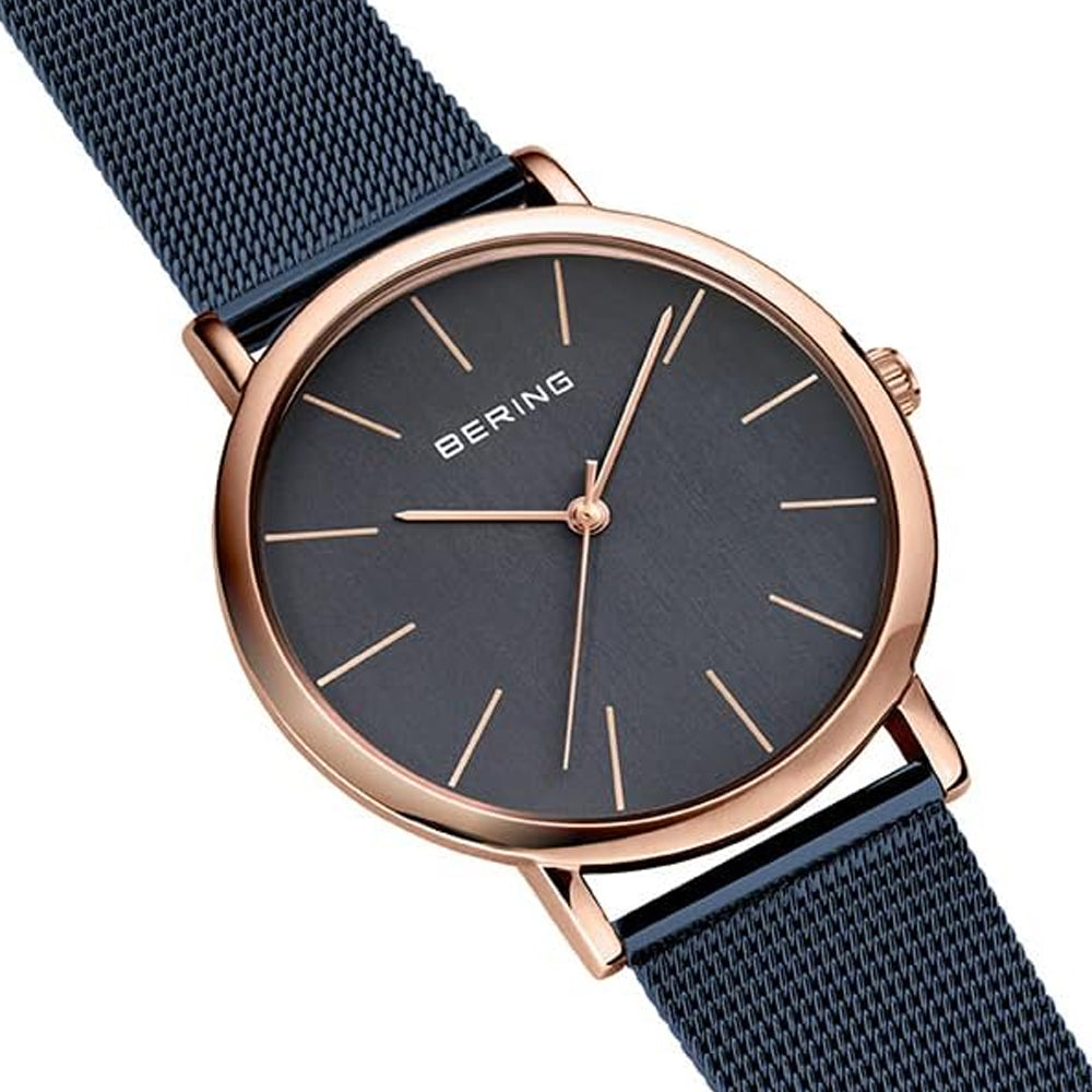 Bering Time Classic Polished Rose Gold Steel & Blue Dial Womens Watch. 13436-367