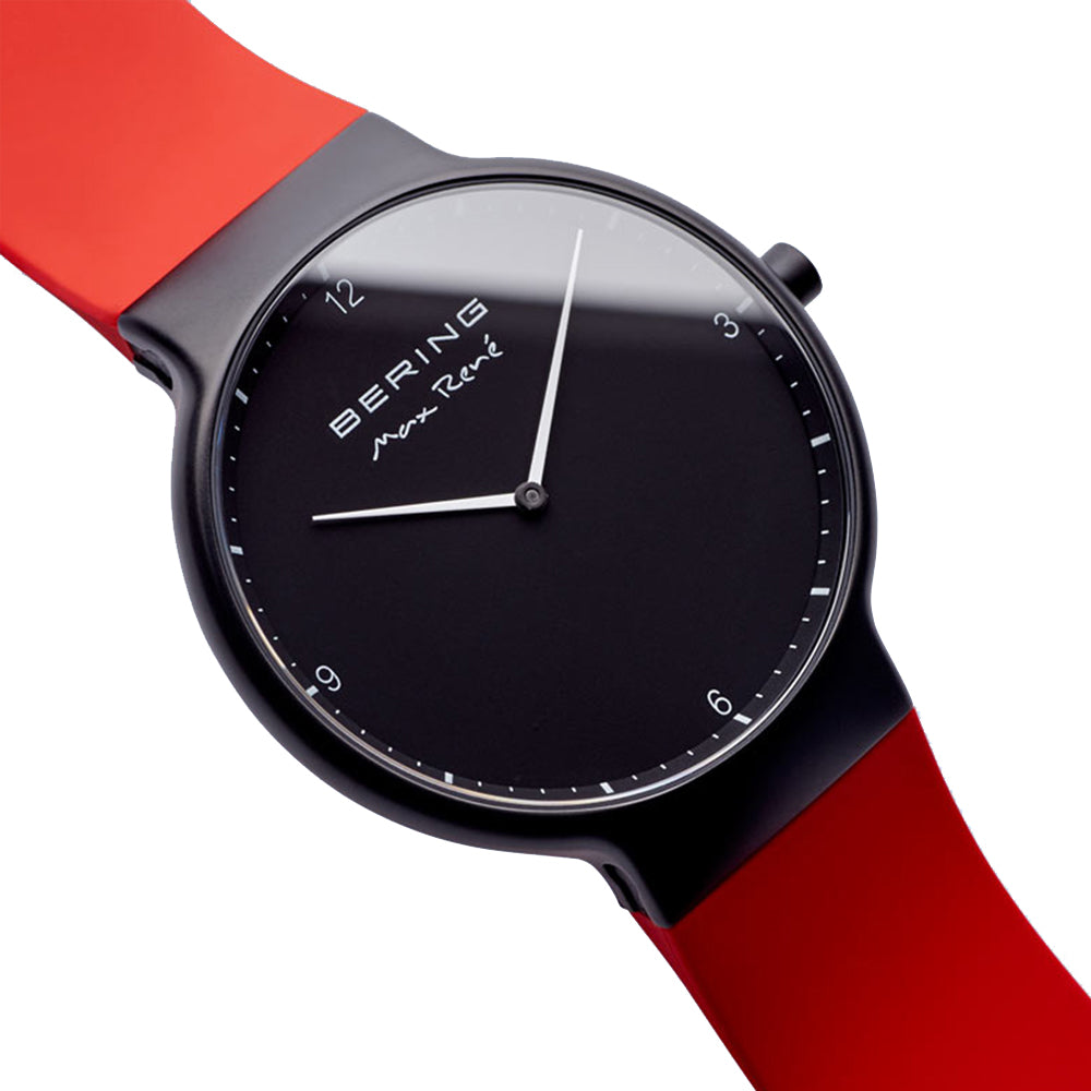 Bering Time Max René Collection, Stainless Steel Case and Silicone Band Men's Watch. Black Mat/Red. 15540-523