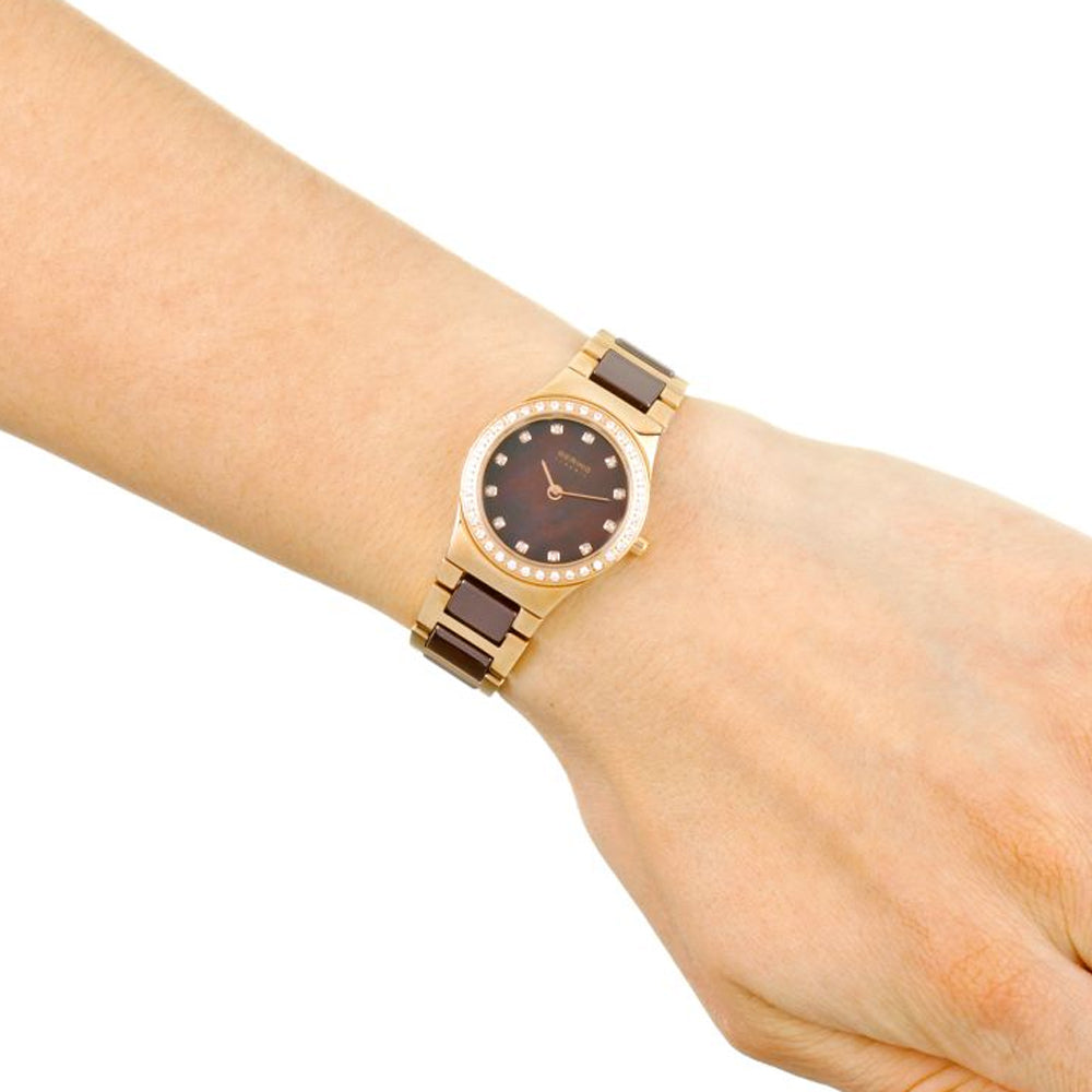 Bering Time Ceramic Rose Gold Steel Case & Ceramic Links Womens Watch. 32426-765