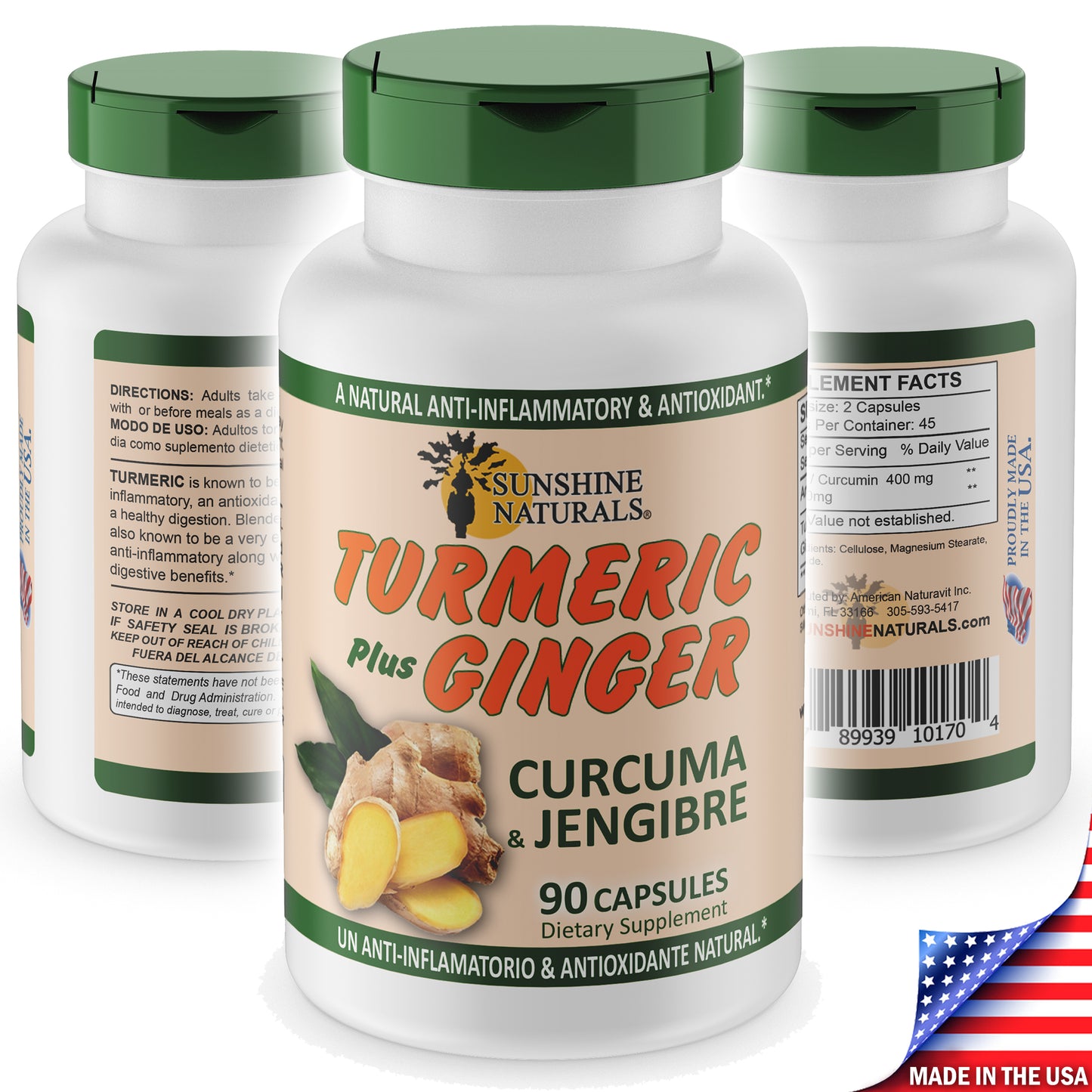Sunshine Naturals Turmeric plus Ginger Supplement. Strong Antioxidant. 90 Caps