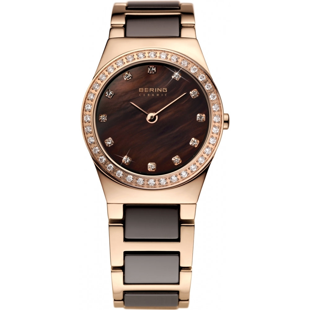 Bering Time Ceramic Rose Gold Steel Case & Ceramic Links Womens Watch. 32426-765