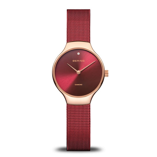 Bering Time Classic Rose Gold Steel Case & Red Strap Womens Watch. 13326-CHARITY
