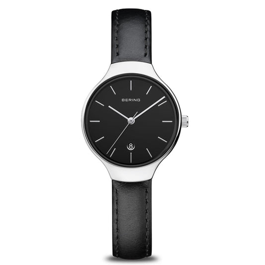 Bering Time Classic Silver Steel & Black Leather Strap Women's Watch. 13328-402