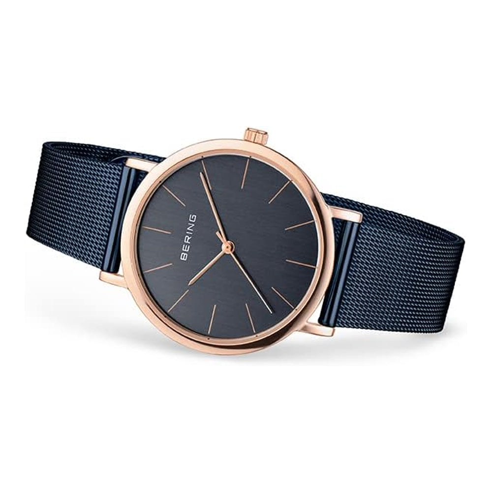 Bering Time Classic Polished Rose Gold Steel & Blue Dial Womens Watch. 13436-367