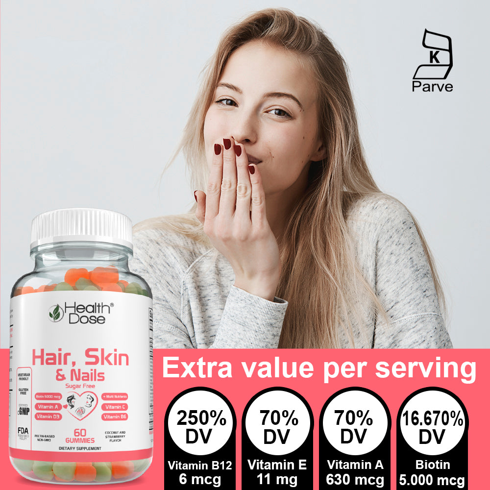HealthDose Hair Skin Nails Biotin 5000 mcg, Vitamin A,D3,C, B6, Sugar Free 60 Ct
