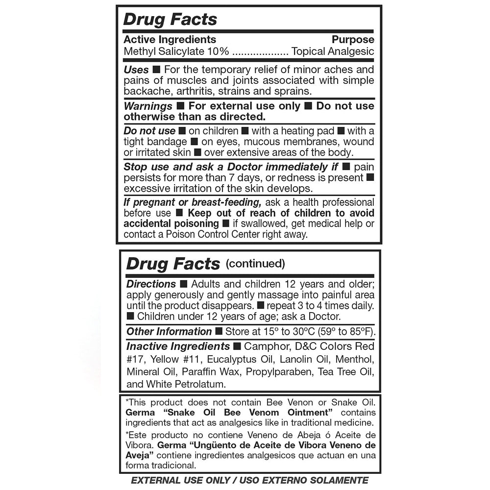 Germa Snake Oil & Bee Venom Ointment/Pomada Aceite de Vibora Veneno de Abeja-3oz - SotoDeals