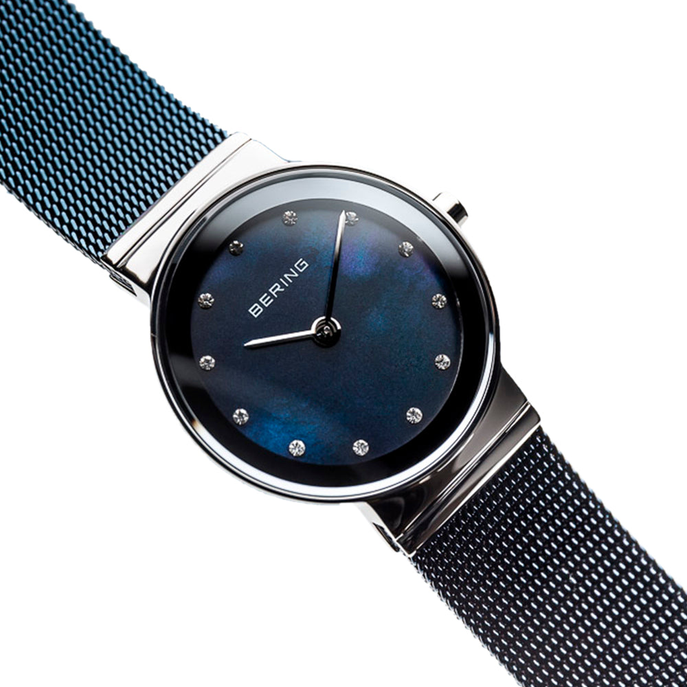 Bering Time Classic Polished Silver Steel Case & Blue Dial Women Watch 10126-307