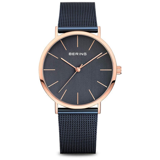 Bering Time Classic Polished Rose Gold Steel & Blue Dial Womens Watch. 13436-367