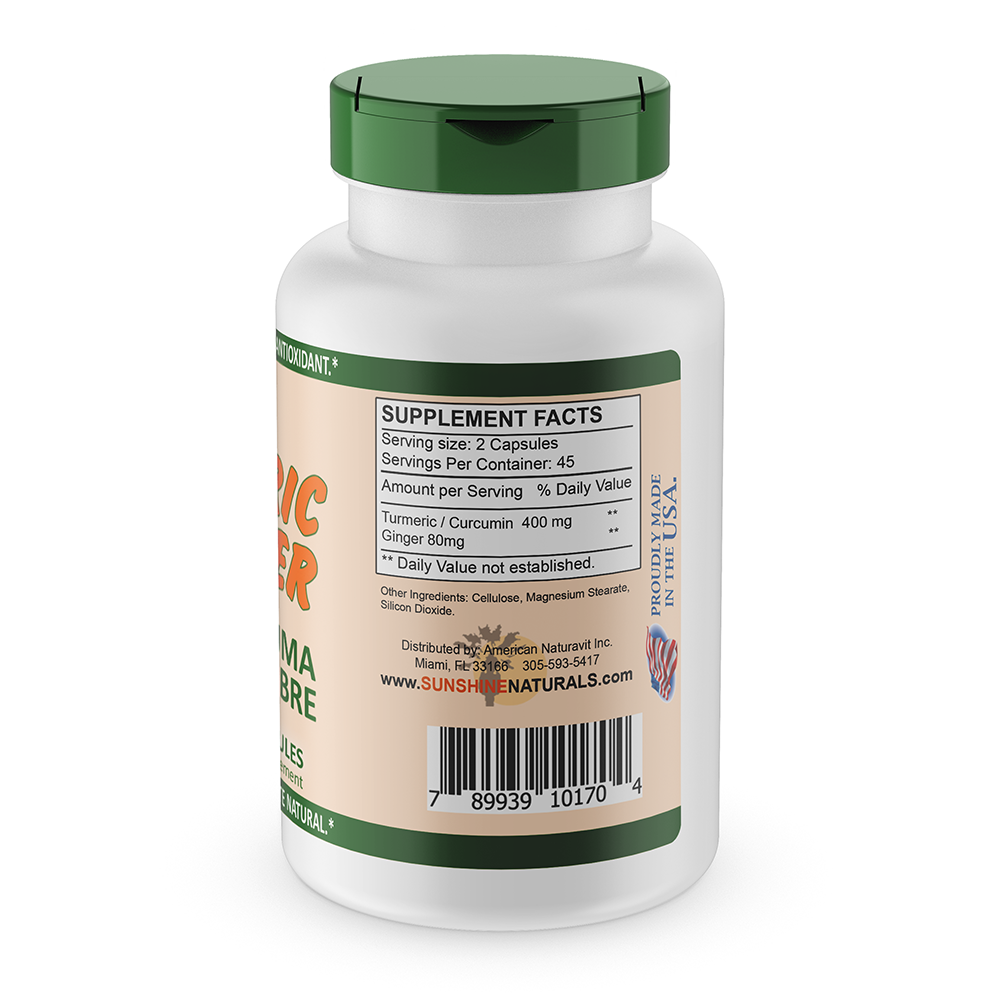 Sunshine Naturals Turmeric plus Ginger Supplement. Strong Antioxidant. 90 Caps