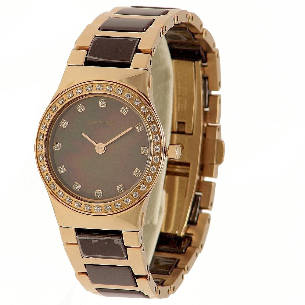 Bering Time Ceramic Rose Gold Steel Case & Ceramic Links Womens Watch. 32426-765