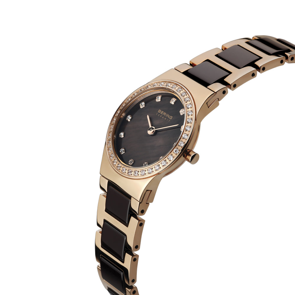 Bering Time Ceramic Rose Gold Steel Case & Ceramic Links Womens Watch. 32426-765