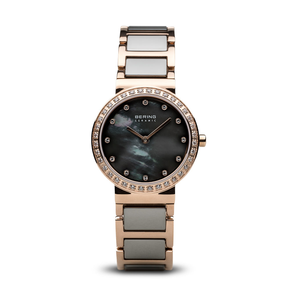 Bering Time Ceramic Rosegold Steel & Grey Ceramic Links Women's Watch. 10729-769