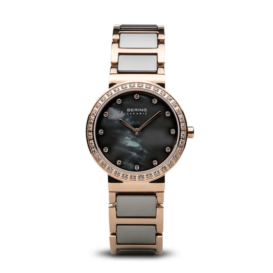 Bering Time Ceramic Rosegold Steel & Grey Ceramic Links Women's Watch. 10729-769