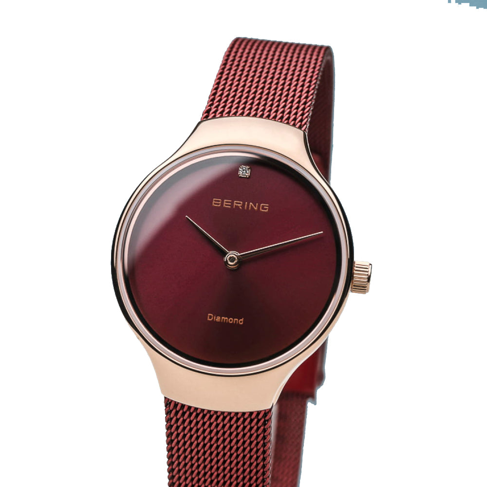 Bering Time Classic Rose Gold Steel Case & Red Strap Womens Watch. 13326-CHARITY