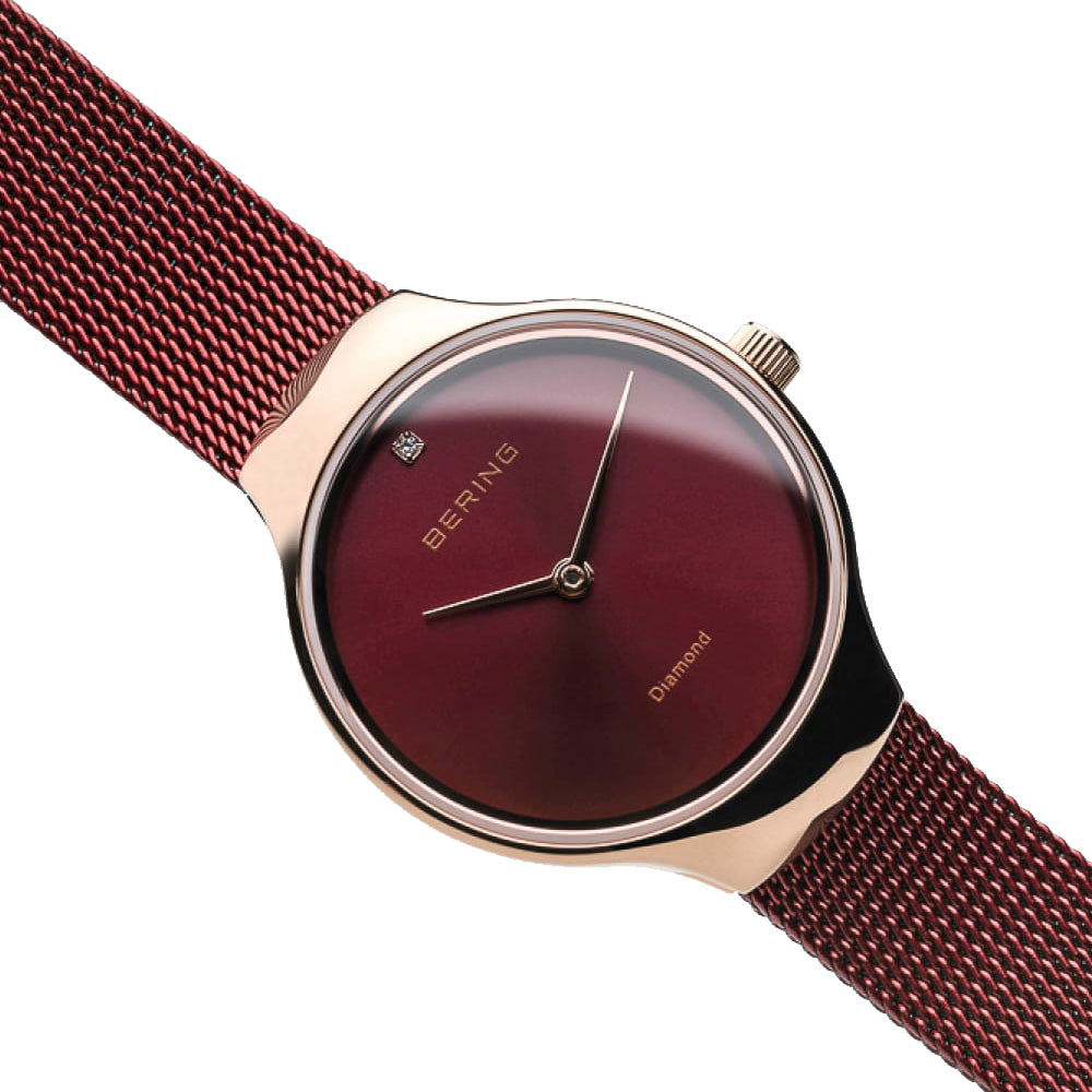 Bering Time Classic Rose Gold Steel Case & Red Strap Womens Watch. 13326-CHARITY
