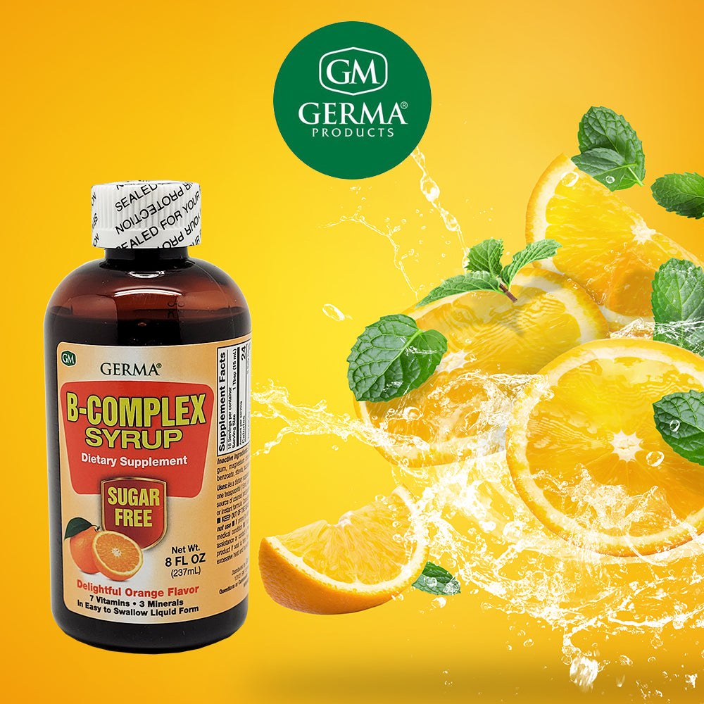 Germa B-Complex Syrup, Sirop de Complejo B, Sabor a Naranja  8 oz. Pack of 12 Pack of 6