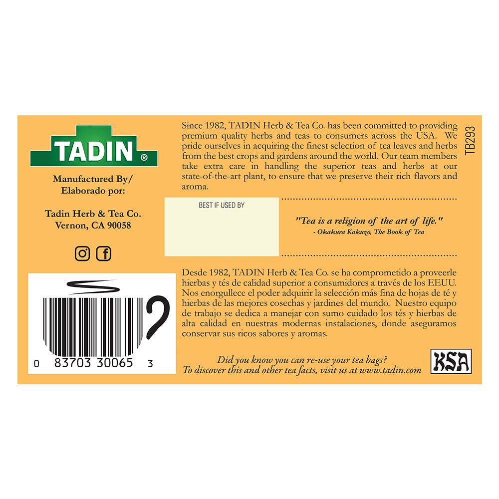 Tadin Tea Té Verde y Naranja / Orange Spice. 24 Bags. 1.61 Oz - Pack of 6